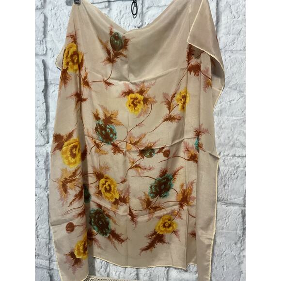 Vintage Polyester Scarf Tan Brown Teal Floral - Picture 8 of 9
